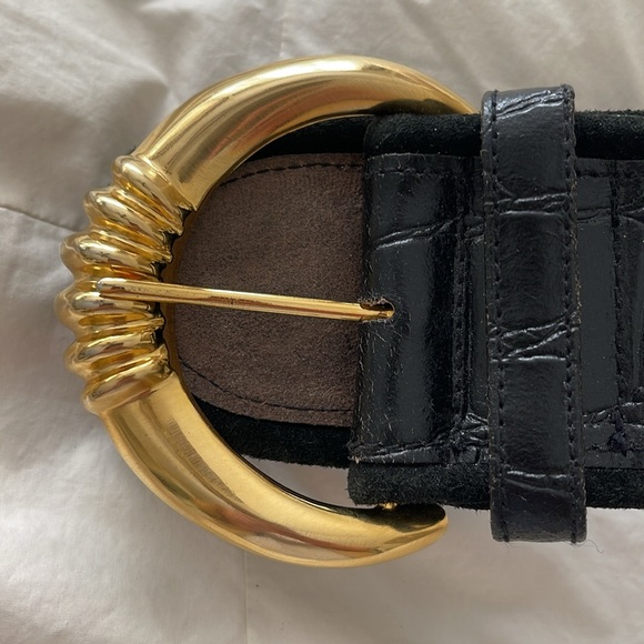 Vintage Express Wide Black Leather Belt with Gold Buckle | Size S main image 7